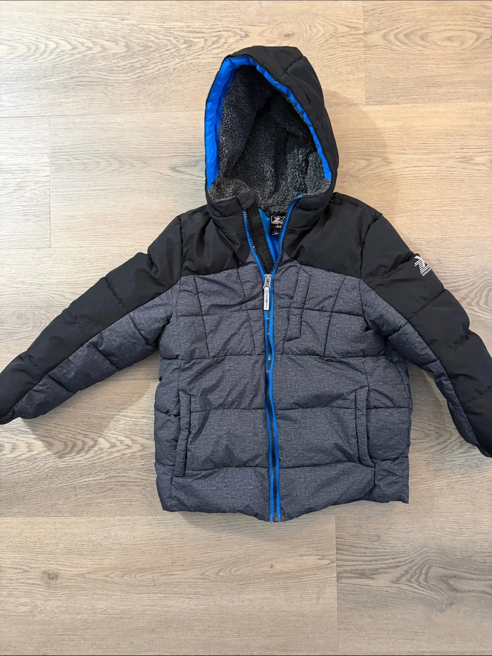 Kids Hooded Puffer Jacket - Gray & Black with Blue Trim